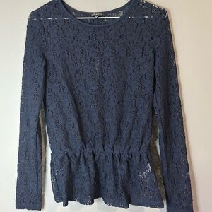 Dynamite size xs Navy Blue Lace Mesh Peplum Top, large back peekaboo cut out